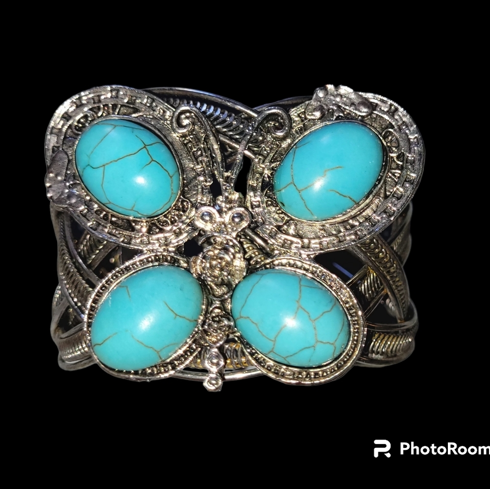 Turquoise/Silver Butterfly Cuff Bracelet, Costume Jewelry